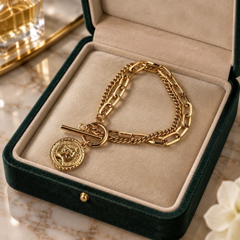 Gold Layered Link Chain Toggle Bracelet Queen Elizabeth Coin Medallion